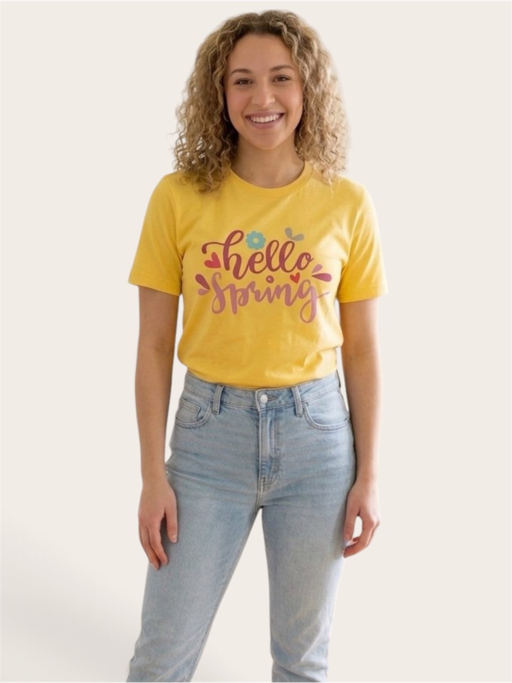 Bella Canvas Yellow Tee with Pink Script and Blue Flower